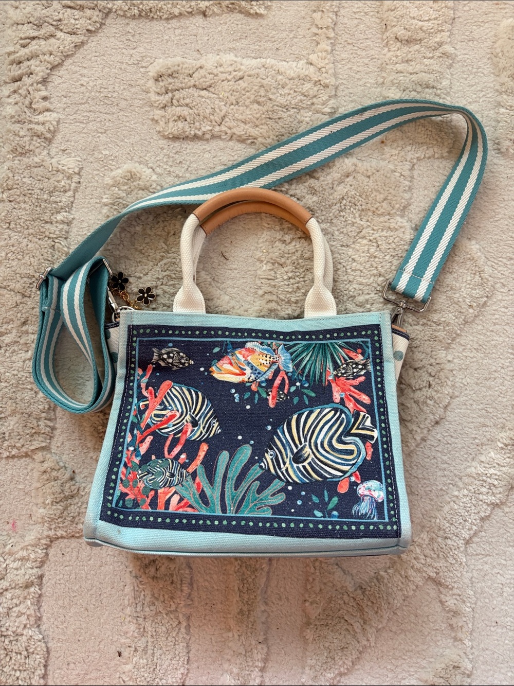 Brighton Seafoam Blue Canvas Crossbody with Fish Print
